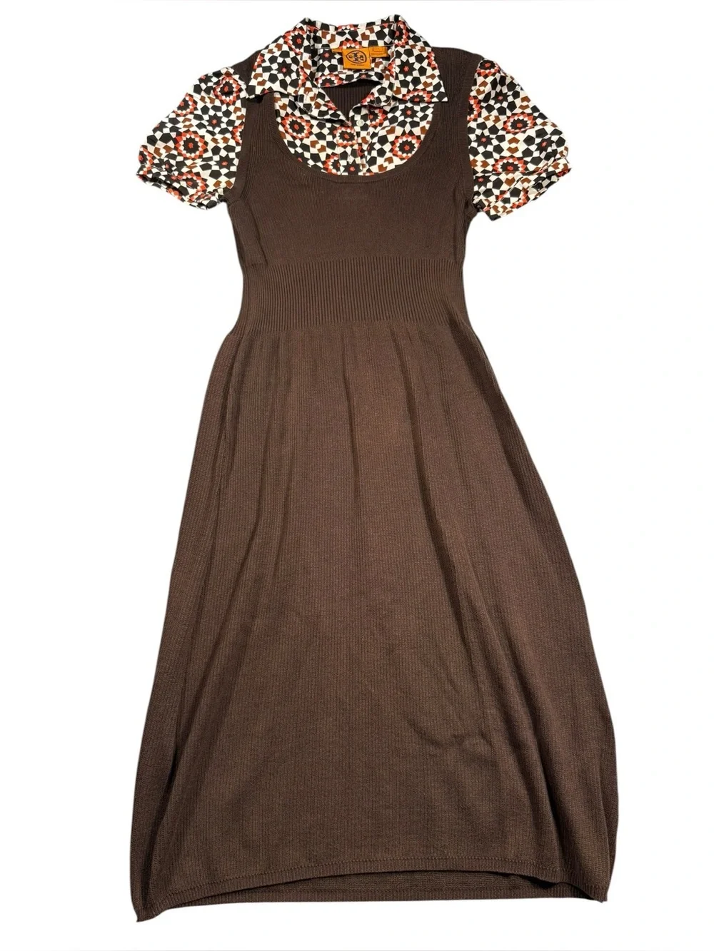 Tory Burch Small 100% Silk Cotton Brown Midi Stretch Sweater Dress Retro 70s